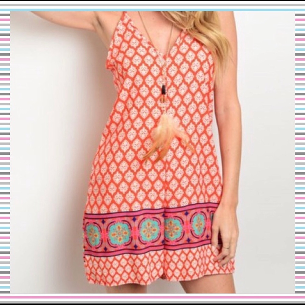 ORANGE RED and CREAM FLORAL ROMPER